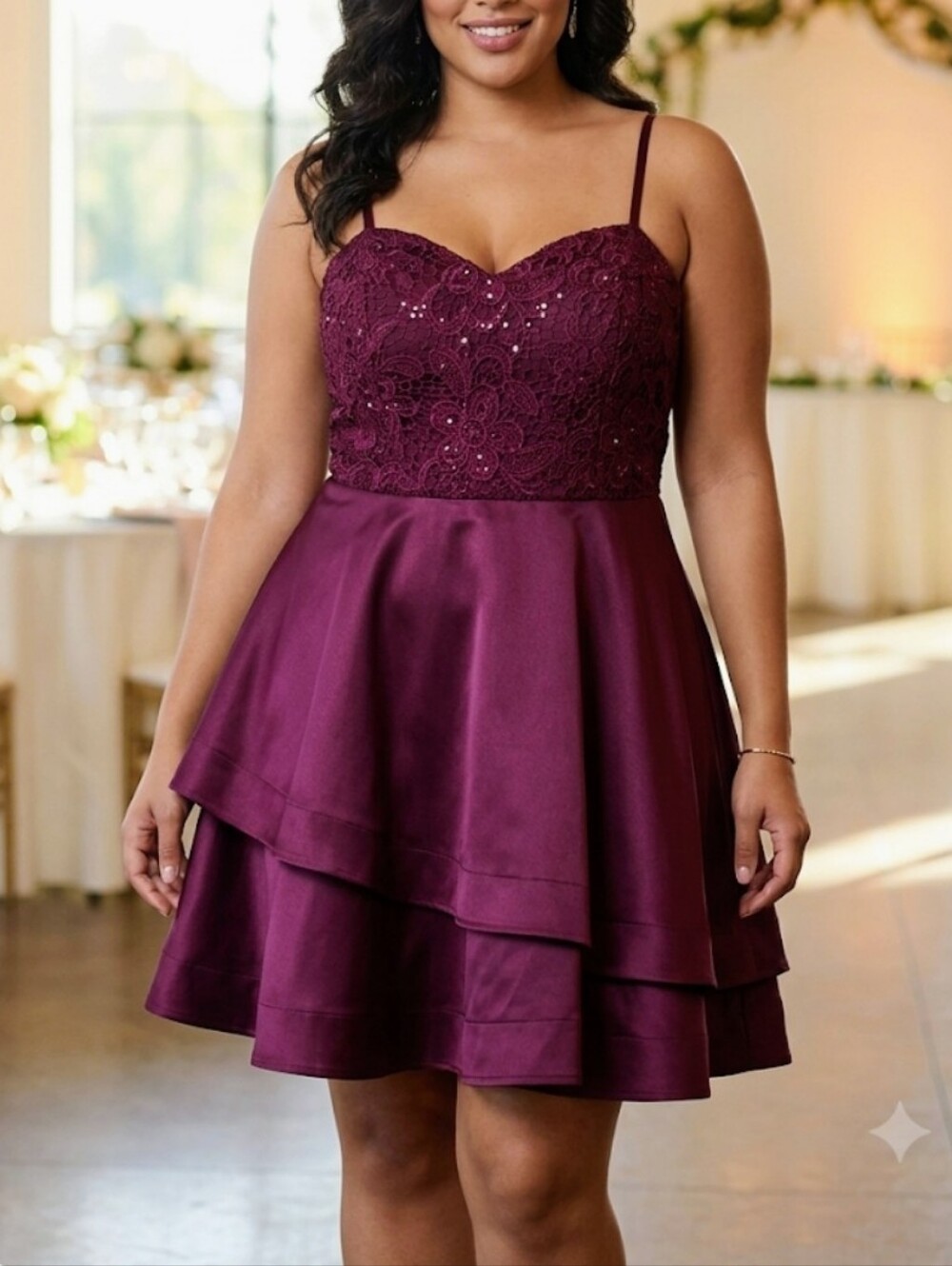 My Michelle Wine Lace Bodice Tiered Satin Mini Dress